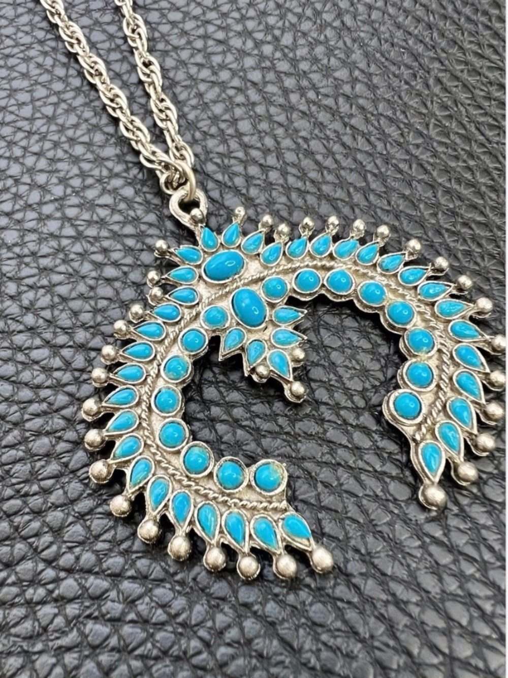 Vintage Silver Tone Southwestern Faux Turquoise Squash Blossom Style Necklace